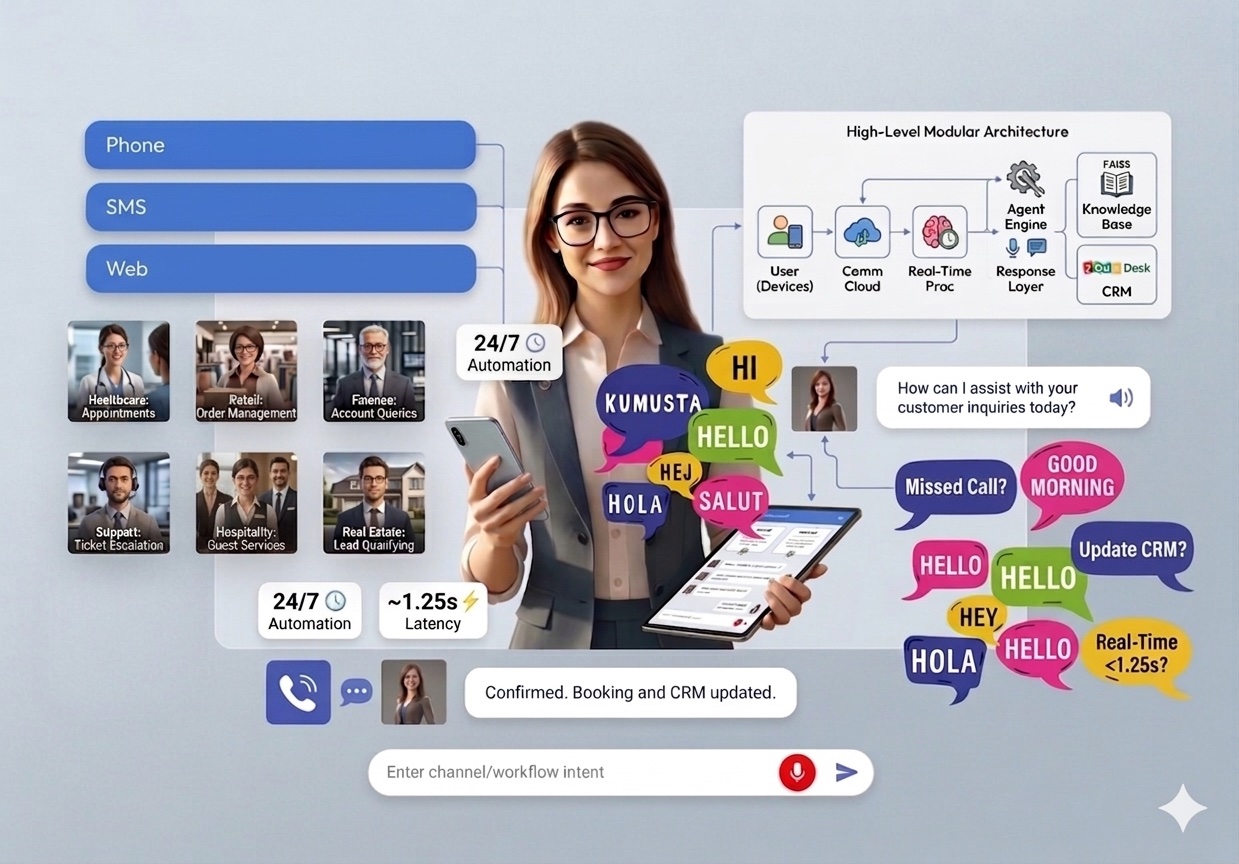 AI Workforce SaaS thumbnail showing multi-channel AI automation across phone, SMS, and web